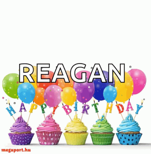 a row of cupcakes with balloons and a sign that says reagan