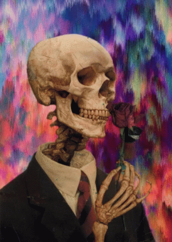 a surrealized po of a skeleton holding a rose