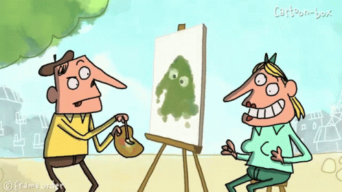 cartoon characters doing arts on an easel in the daylight