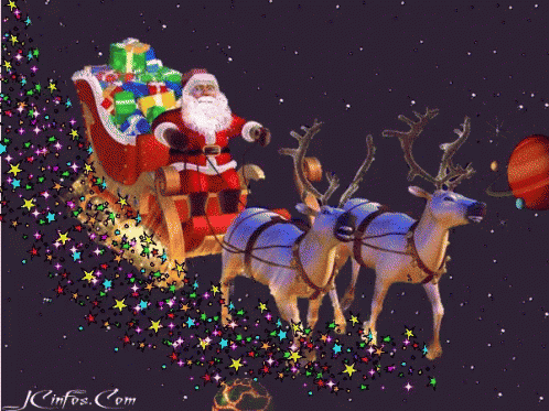 a painting of santa claus is flying in a sleigh with two reindeers