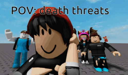 a bunch of people sitting together in front of the words pov death threats