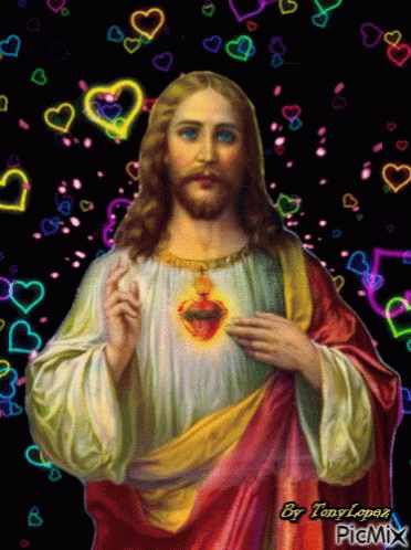 the heart of jesus surrounded by a rainbow background
