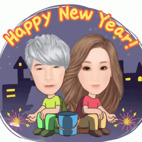two young people in front of a new year message