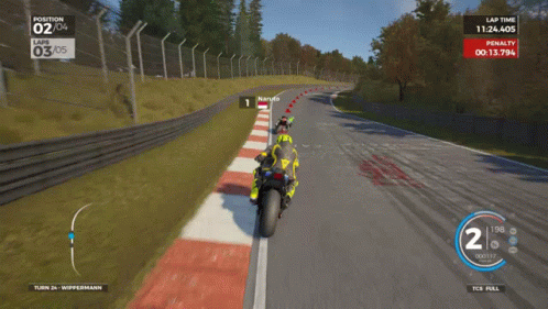 the screens of an electronic game where a group of motorcyclists are riding around a corner