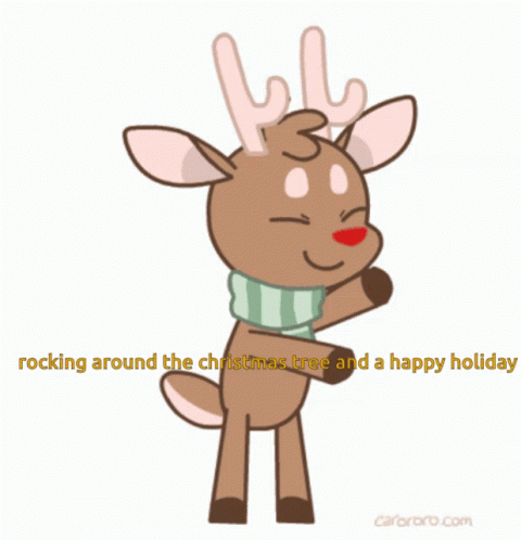 a cartoonish deer with the words rocking around the christmas card and happy holiday