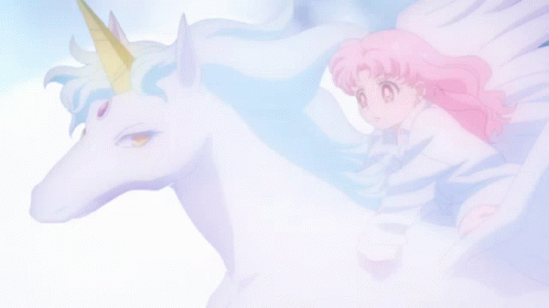 two girls in blue and white hair stand in front of a pink and yellow horse
