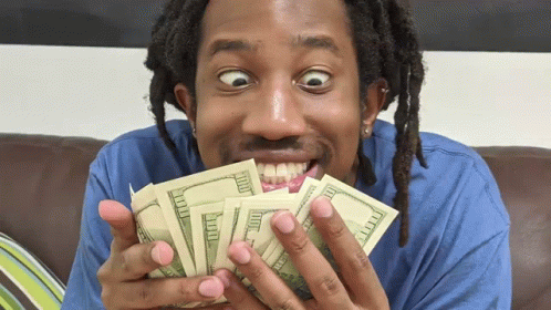 a person with purple makeup holding up stacks of $ 20 bills
