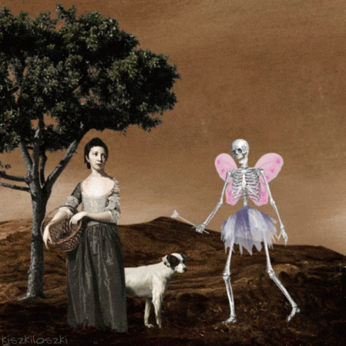two skeleton women and a dog standing in front of a tree