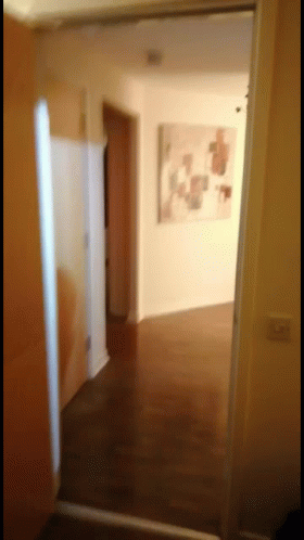 a hallway in an apartment with doors open