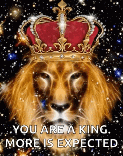 a lion with a crown on his head, reads you are a king more is expected