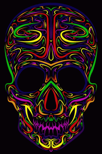 neon colored drawing of a skull with mouth open