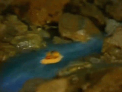 a blue toy boat is on some rocks