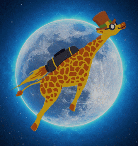a blue and yellow giraffe with hat and tie flying over a full moon
