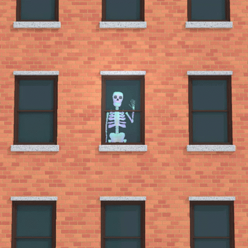 a skeleton hanging out of a window