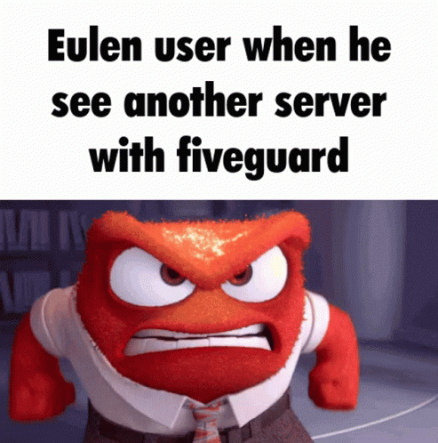 a blue angry character wearing a tie has words written underneath it that read, eulen user when he see another server with five guards