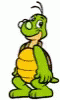 the cartoon turtle has an eye, long nose and green body