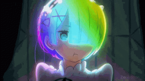 a anime - like character with colorful hair and peace sign