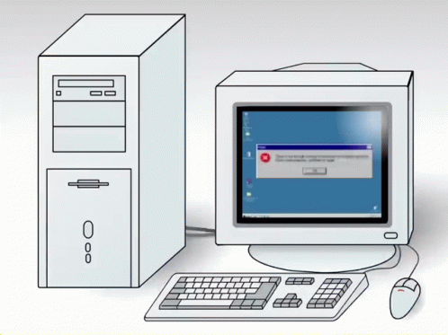 a drawing of two computer monitors one displaying a text message the other displaying a document and some keyboards