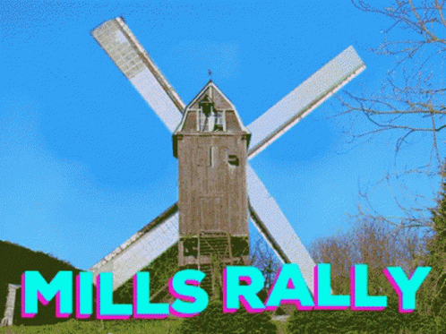 the words mills really with windmills are in front of a yellow sky