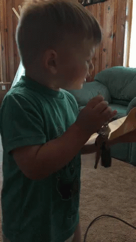 a little boy playing with a toothbrush in his living room