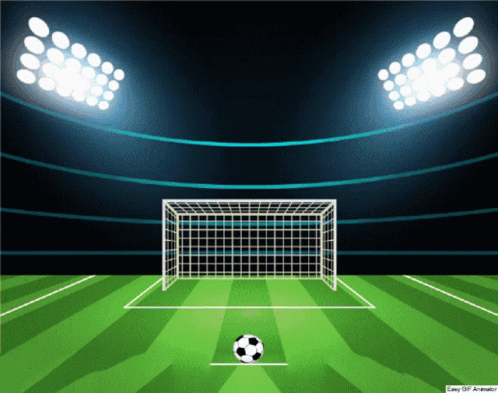 soccer ball on field with lights and goal