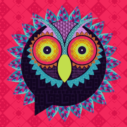 an artistic blue and yellow owl with green eyes