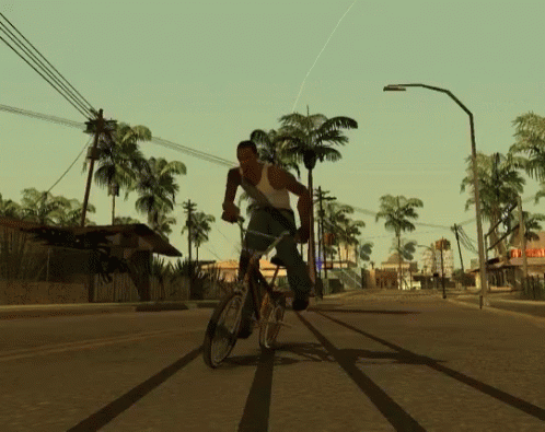an animated character riding a bicycle through a city