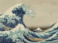 a painting of a wave with a white bird perched on top of it