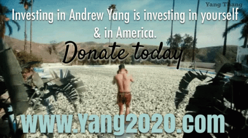 a man standing in front of palm trees with a text box saying investing in andrew yang is invested in yourself and in america