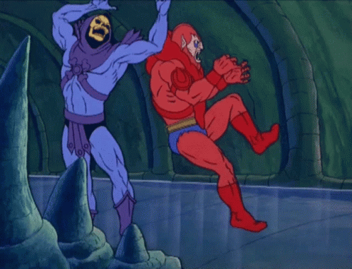 the blue man and purple man face each other in a scene