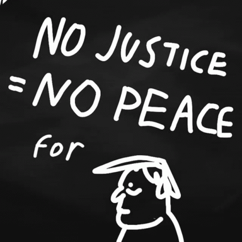 a chalkboard sign written with white lettering reads no justice = no peace for those who want to live without poverty