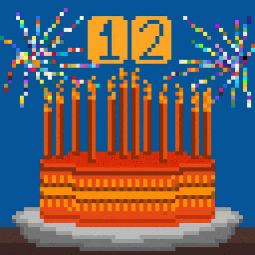 a pixelized image of a blue cake with candles