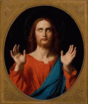 a painting of jesus with outstretched hands