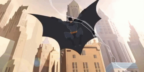 an animated image of batman flying through the sky