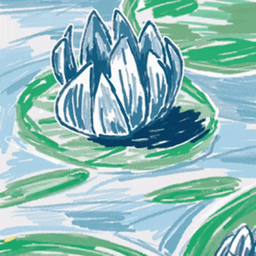 a small drawing of a water lily in some green water