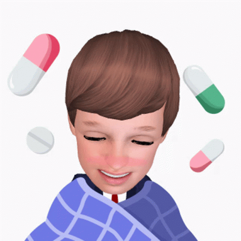 a young person with blue hair and multiple pills surrounding him