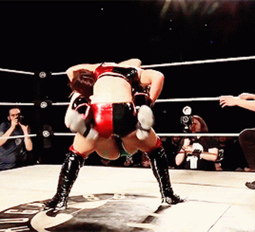 two wrestlers wrestle one another on a wrestling ring