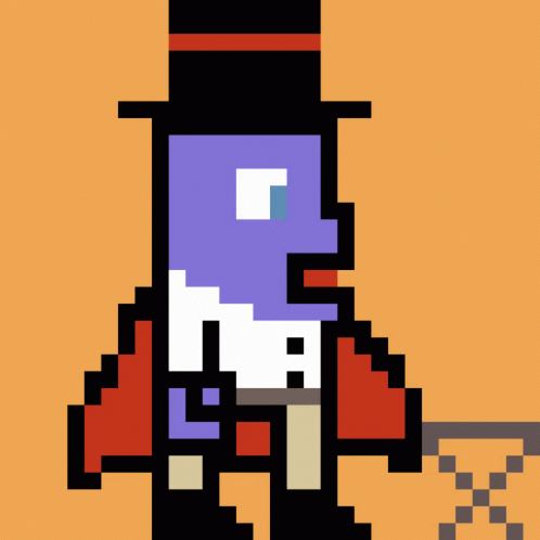 the pixel art style image shows an old man with a black hat