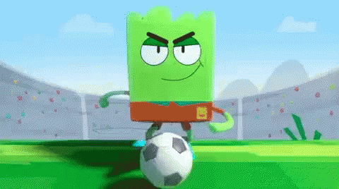 cartoon character with sad face and hands kicking soccer ball