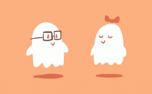 a pair of animated ghost characters with glasses on each side