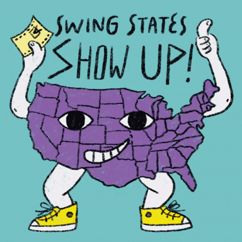 a drawing of a map of the united states with a smiling face that reads swing states show up