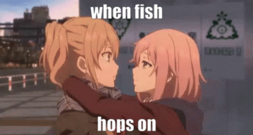 anime couple hugging in a foreign country with a caption written below that reads, when fish happens to have their backs back