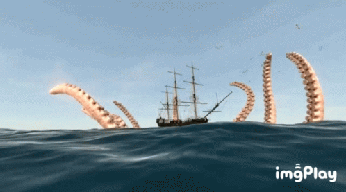 a ship with white tentacles in the water
