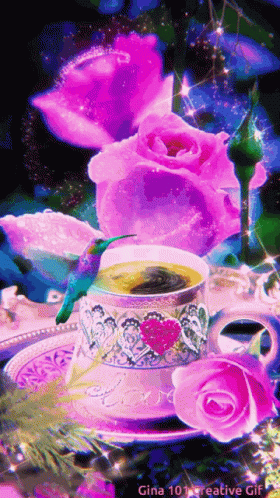 a coffee cup sitting on top of a saucer surrounded by pink roses