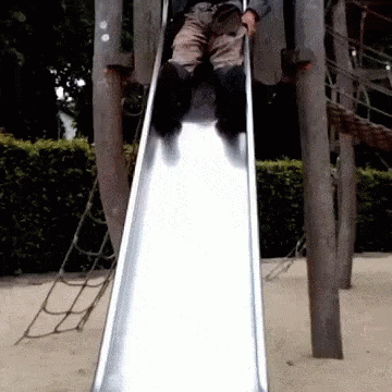 a boy on a slide with some wood poles