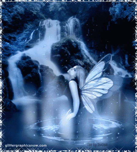 a pretty fairy with a waterfall in the background