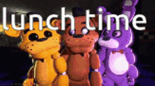 five stuffed animals all different colors with the words lunchtime above them