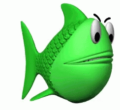 a green fish is looking up with a big eyes