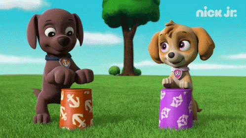 the cartoon puppy and girl in the game are looking over a barrel