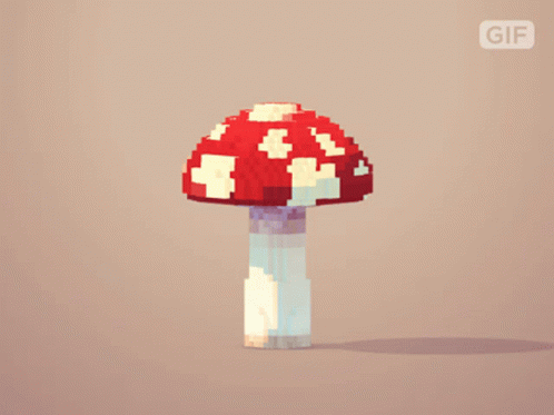 a pixelized mushroom is displayed against a blue background